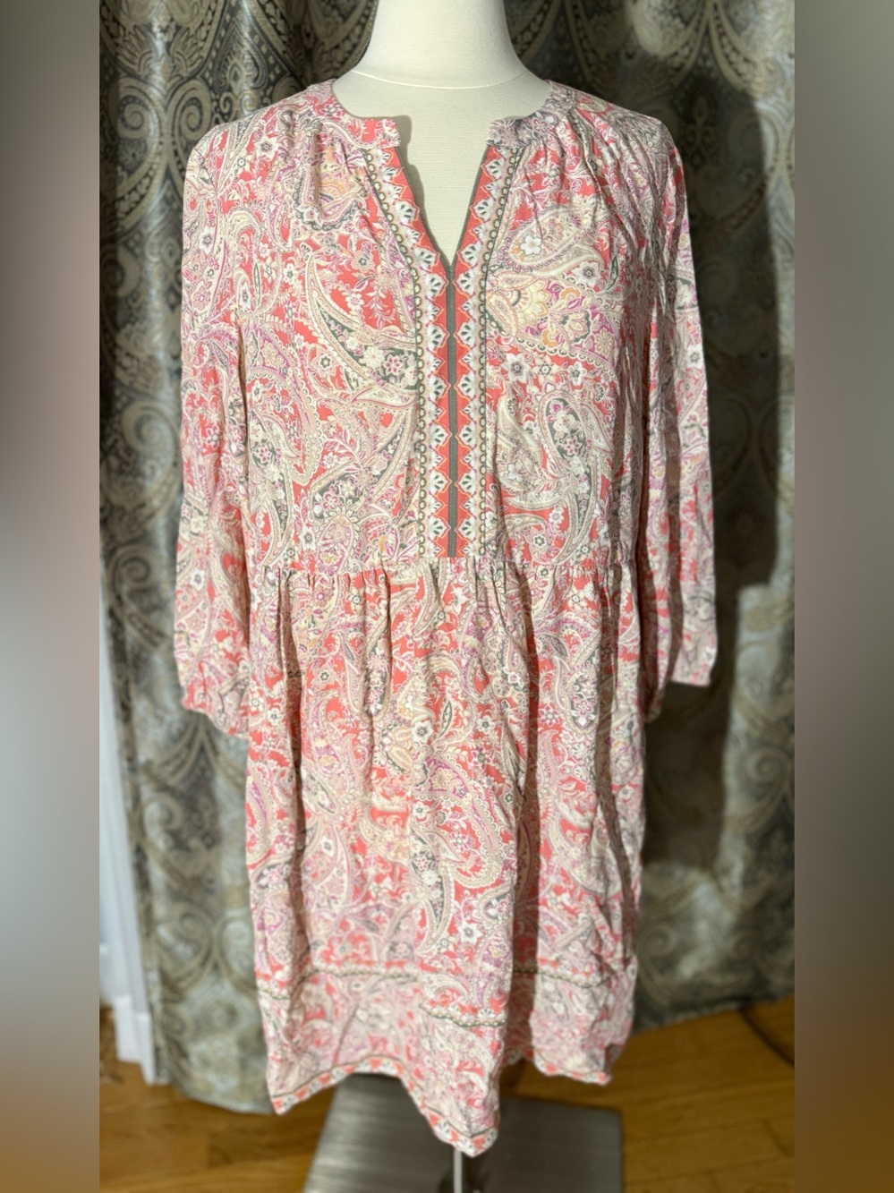 J. Jill Large Paisley Ecovero Tunic Dress Coral Pink Boho 3/4 Sleeve